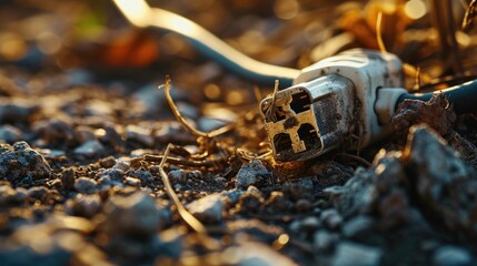 Aufkleber - A broken electrical plug lying in the dirt. Can be used to illustrate the concept of broken or damaged electronics