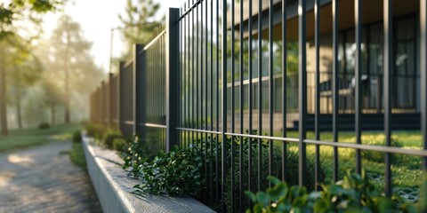 Aufkleber - A simple and sturdy black metal fence standing next to a sidewalk. This image can be used to depict urban landscapes, city infrastructure, or as a background element in various design projects