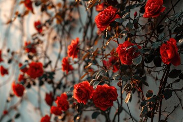 Sticker - A beautiful bunch of red roses growing on a wall. Perfect for adding a touch of elegance and nature to any project