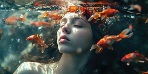 Aufkleber - A woman with her eyes closed is surrounded by goldfish. This image can be used to depict relaxation, meditation, or a peaceful moment