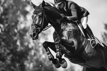 A person on a horse jumping over a jump. Suitable for equestrian sports and horseback riding themes