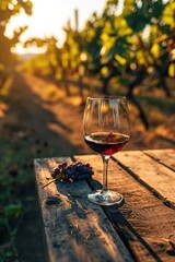 Aufkleber - A glass of wine sitting on top of a wooden table. Perfect for wine enthusiasts and rustic-themed designs