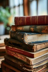 Poster - A stack of books sitting on top of each other. Perfect for educational or library-related projects