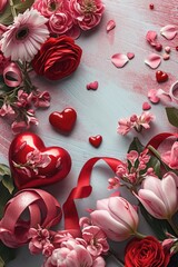 Poster - A bunch of flowers and hearts arranged on a table. Suitable for various occasions and celebrations