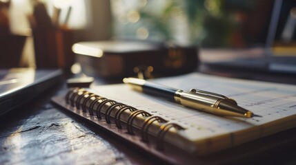Aufkleber - A notebook with a pen sitting on top of it. Perfect for office and education themes