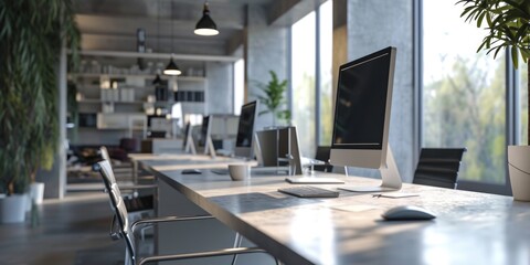 Poster - A desk setup featuring a monitor, keyboard, mouse, and a plant. Perfect for office, work, or home settings