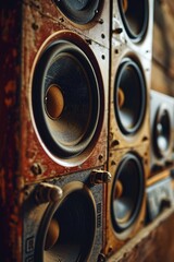 Poster - A collection of speakers arranged on top of a wooden wall. Perfect for showcasing audio equipment or creating a music-themed design.
