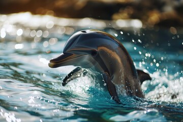 Poster - A picture of a dolphin swimming in the water with its mouth open. Suitable for aquatic life, marine animals, or ocean-themed designs