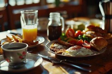 Poster - A table displaying plates of delicious food and a cup of steaming coffee. Perfect for showcasing a meal or promoting a restaurant.