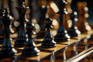 Poster - A detailed view of a chess board with numerous pieces. Perfect for illustrating strategy, competition, or intellectual pursuits