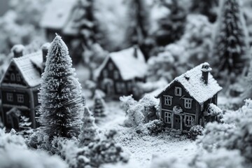 Poster - A black and white photo capturing the charm of a small village. This picture can be used to depict the simplicity and beauty of rural life