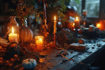 Poster - A table adorned with lit candles placed next to a window, creating a warm and cozy ambiance. Perfect for adding a touch of elegance to any space