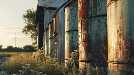 Poster - An old rusted building sitting in the middle of a field. Perfect for architectural or urban decay themes