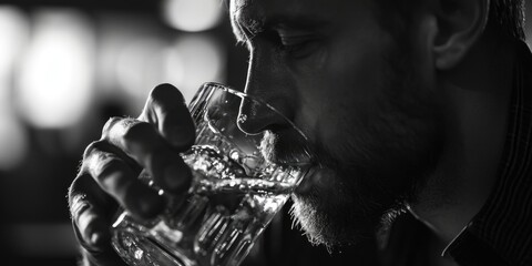 Poster - A man with a beard drinking from a glass. Suitable for various themes and concepts
