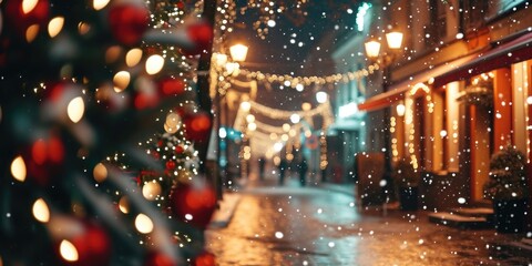 Canvas Print - A picturesque snow-covered street adorned with a beautifully lit Christmas tree. Perfect for holiday-themed designs and festive promotions