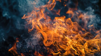 Wall Mural - A close-up view of a fire with smoke billowing out. This image captures the intensity and heat of the flames. Ideal for illustrating concepts such as danger, destruction, or energy