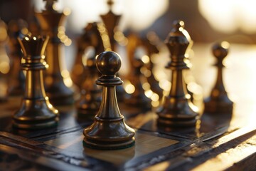 Poster - A detailed view of a chess board with various pieces. Suitable for illustrating strategy, competition, or intellectual games