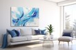 © c80 - A cozy den adorned with stylish interior design, featuring a comfortable studio couch, elegant wall painting, and inviting loveseat adorned with pillows, all centered around a sleek coffee table topp