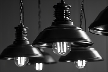 Poster - A picture of several lights hanging from a ceiling. This versatile image can be used to depict various settings such as a restaurant, cafe, party venue, or even a modern home decor concept
