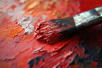 Poster - Close-up view of a paintbrush on a vibrant red painting. Suitable for artistic and creative concepts