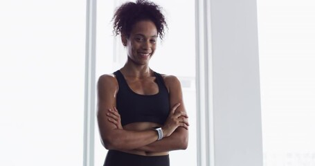 Wall Mural - Woman, smile and arms crossed for fitness at gym, pride and confidence in training for body. Female person, happy and exercise for muscle and health, positive and sportswear for portrait or workout