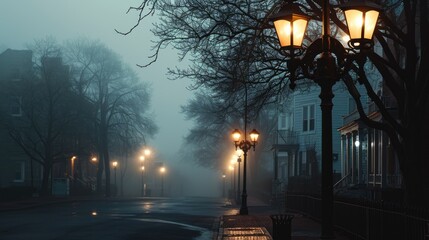 Poster - A street light illuminating a foggy street. Perfect for creating a mysterious and atmospheric mood in your projects