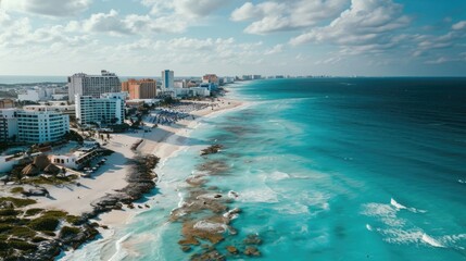 Poster - A captivating aerial view of a serene beach and the vast expanse of the ocean. Perfect for travel brochures, websites, and vacation-themed designs