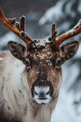 Aufkleber - A close-up view of a reindeer standing in the snow. This image can be used to depict winter scenes, wildlife, or Christmas themes