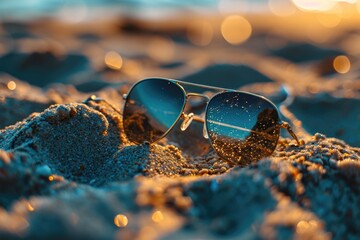 Aufkleber - A pair of sunglasses laying in the sand. Perfect for summer vacation or beach-themed projects
