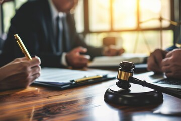 Poster - A gavel sitting on top of a wooden table. Suitable for legal, justice, or courtroom related concepts