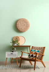 Sticker - Interior of living room with wooden armchair and tables