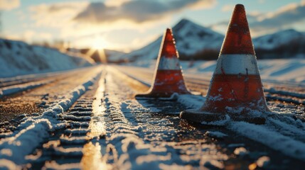 Poster - A couple of cones sitting on the side of a road. Perfect for illustrating construction, safety, or traffic-related themes