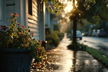 Aufkleber - A wet sidewalk with a potted plant. This image can be used to depict urban scenery or as a symbol of growth and resilience