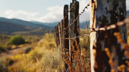 Poster - A picture of a rusted fence in a field with majestic mountains in the background. Perfect for adding a touch of rustic beauty to any project or design