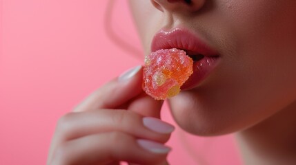 Poster - Close up shot of a person enjoying a delicious candy. Perfect for food and indulgence concepts