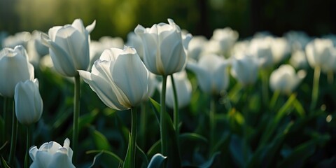 Poster - A beautiful field of white tulips illuminated by the sun. Perfect for springtime themes and nature concepts