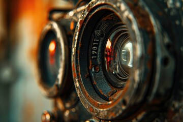 Poster - A close-up view of a camera lens with a blurred background. This image can be used to depict photography, technology, or creativity
