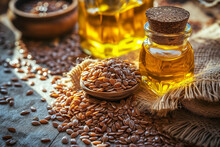 Flax Seed Oil With Linseeds On A Table