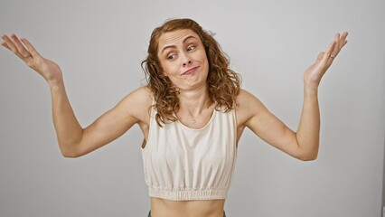 Poster - Baffled young woman caught in a shrug, arms raised, expression of doubt etched across her face, against a stark white isolated background