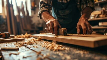 Sticker - man owner a small furniture business is preparing wood for production. carpenter male is adjust wood to the desired size. architect, designer, Built-in, professional wood, craftsman, workshop.