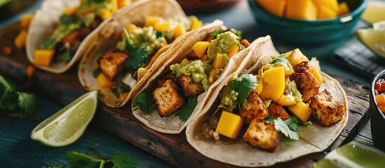 Weekend brunch scene - vegan tacos with crispy tofu, mango, and homemade avocado salsa.