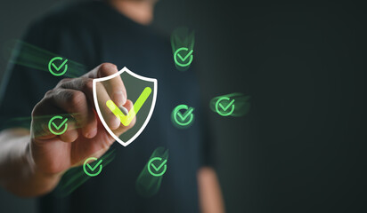 Poster - Service guarantee, clients service, businessman writing guarantee check mark for business automation process, quality assurance management, certification, online shopping, financial ecosystem.