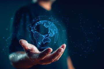 Aufkleber - businessman holding Global network connection. Big data analytics and business intelligence concept. World map point and line composition concept of global business.Digital link tech.
