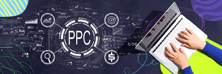 Poster - PPC - Pay per click concept with person using a laptop computer