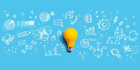 Poster - Marketing strategy concept with a light bulb - Flat lay