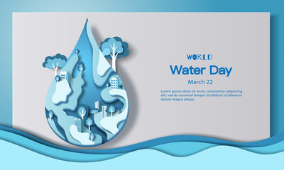 Wall Mural - World Water Day, save water, a water drop with a city inside. Paper illustration and 3d paper.