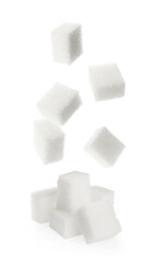 Wall Mural - Cubes of sugar falling on white background