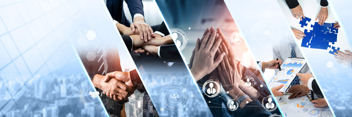 Poster - Teamwork and human resources HR management technology concept in corporate business with people group networking to support partnership, trust, teamwork and unity of coworkers in office kudos
