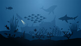 Fototapeta Do akwarium - Underwater seascape vector illustration. Deep seascape with shipwreck, submarine, fish and coral reef. Undersea landscape for illustration, background or wallpaper
