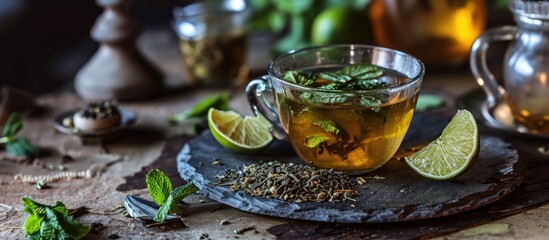 Sticker - Tea with mint leaves served in a glass cup, along with dried tea and a sliced lime, on a slate plate in a teahouse.